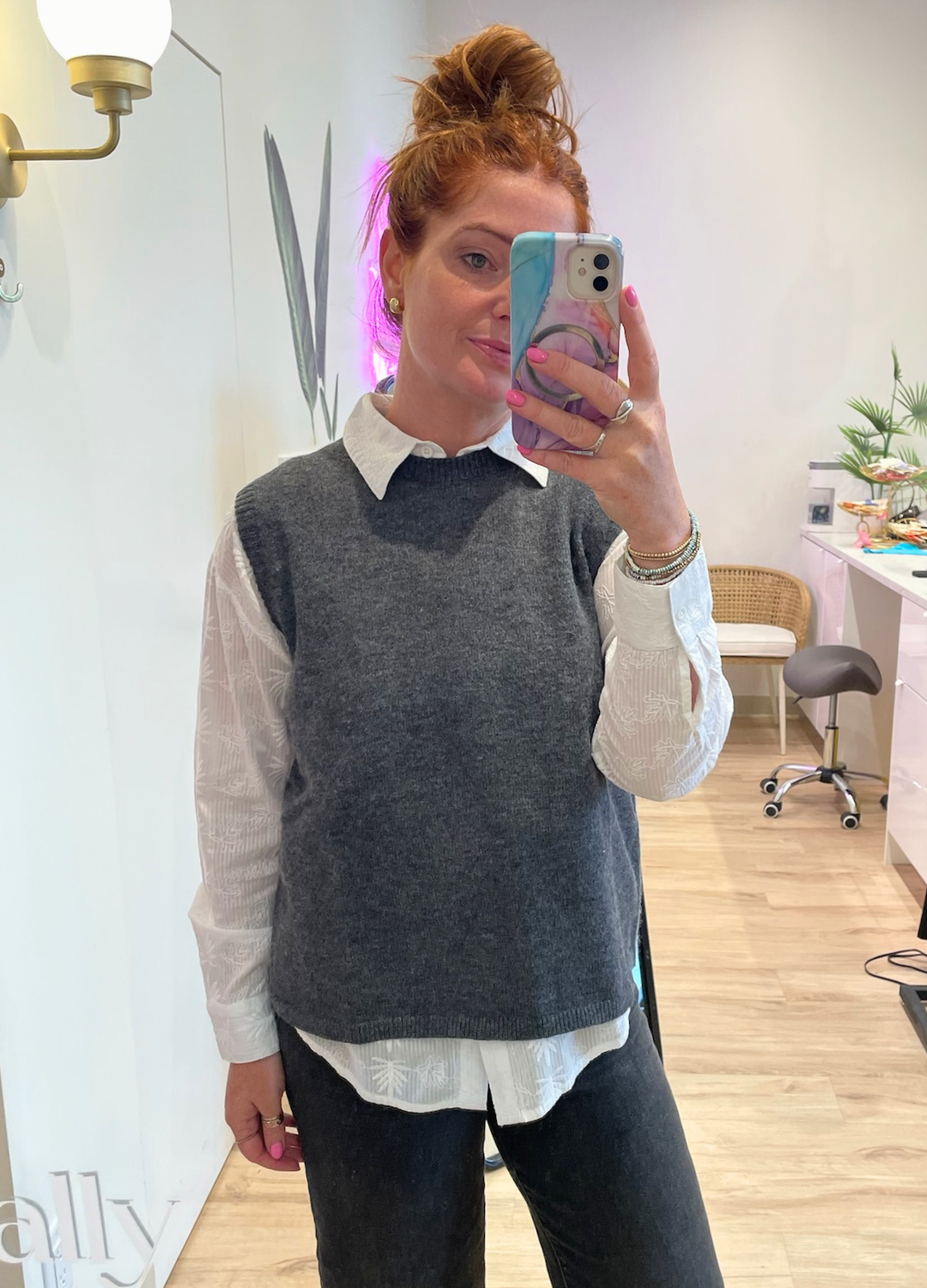 Sleeveless Knit Sweater Vest with Button & Tie Back