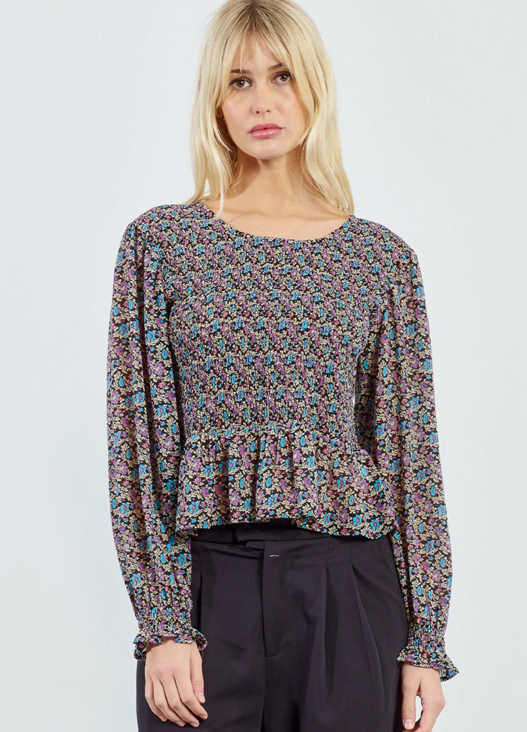 Floral Print Long Sleeve Smocked Blouse