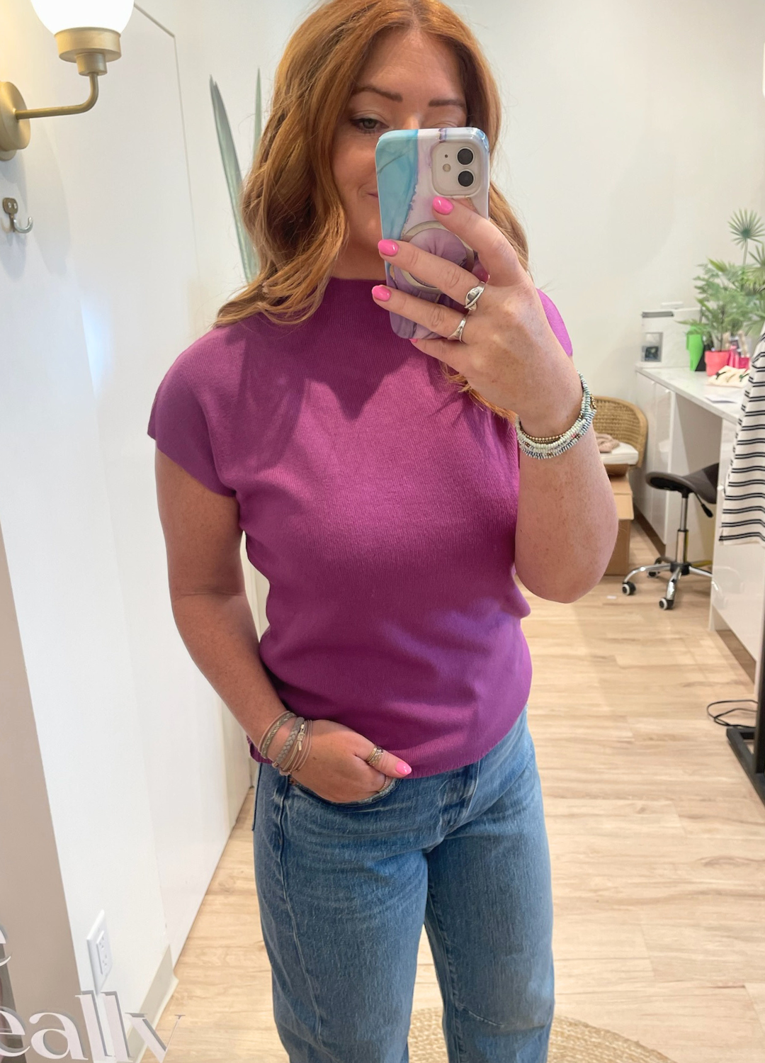 Fine Knit Short Sleeve Mock Neck Sweater