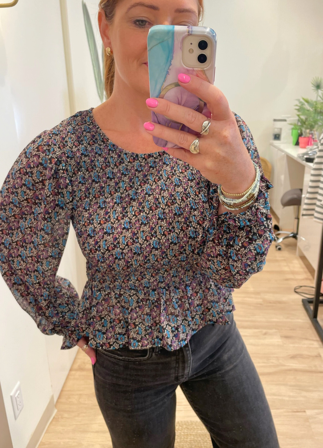 Floral Print Long Sleeve Smocked Blouse
