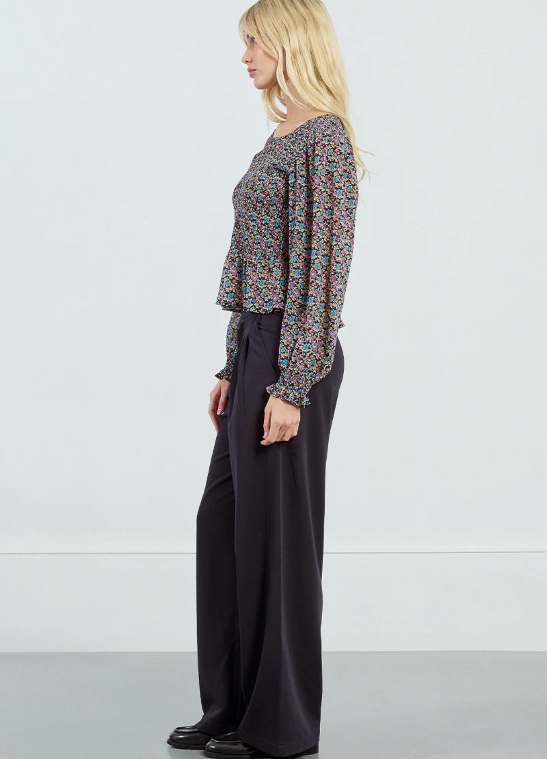 Floral Print Long Sleeve Smocked Blouse