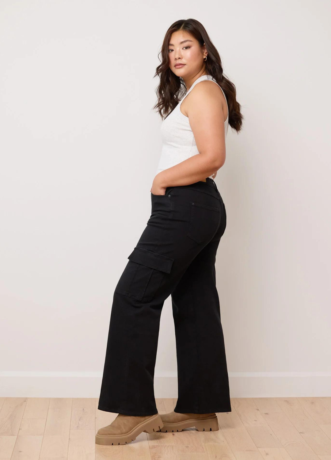 Classic Rise Wide Leg Denim in Black Cargo Pocket
