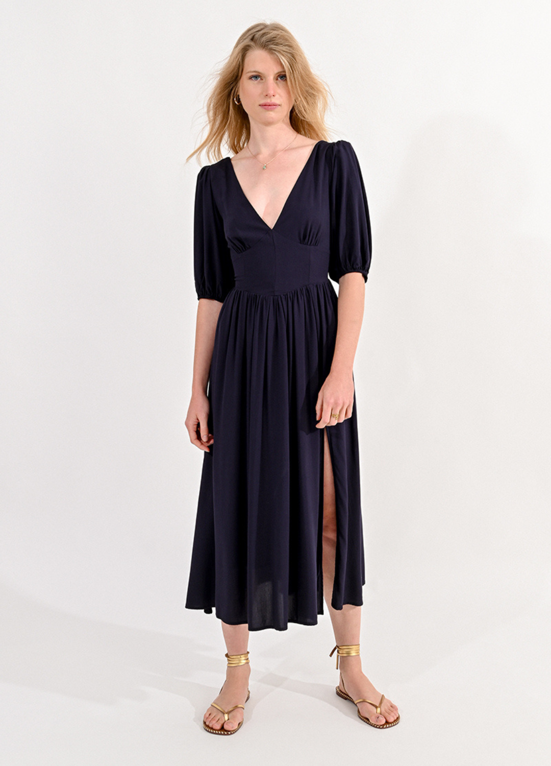 V-Neck Maxi Dress with Balloon Sleeves