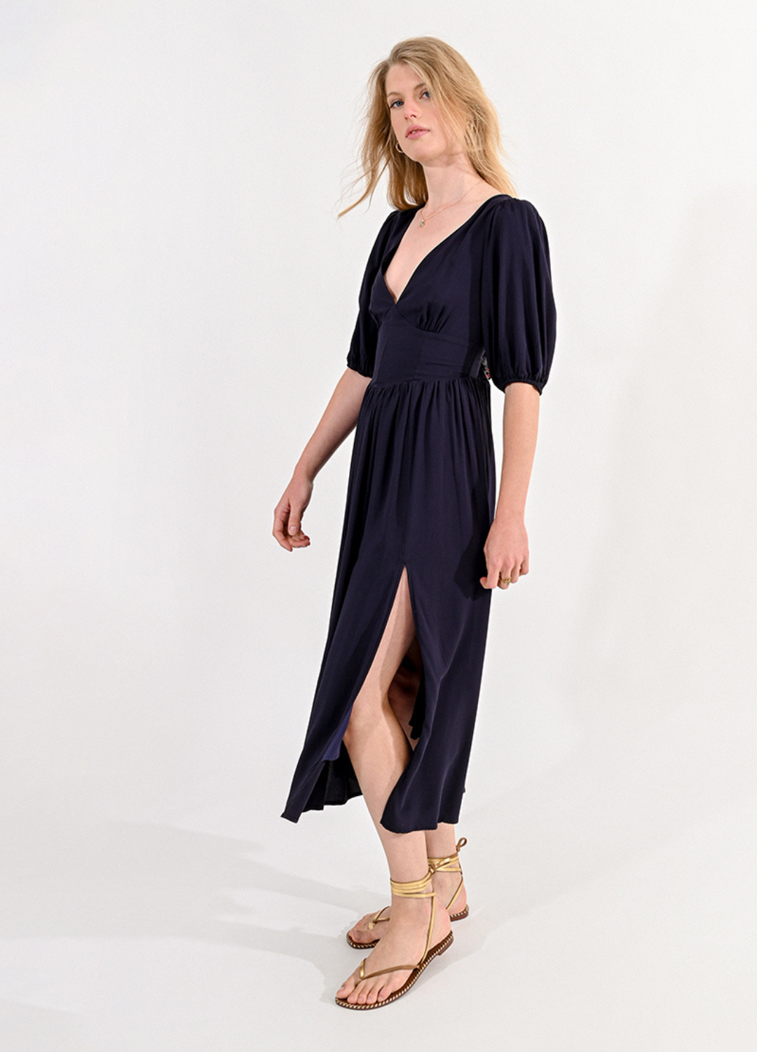 V-Neck Maxi Dress with Balloon Sleeves