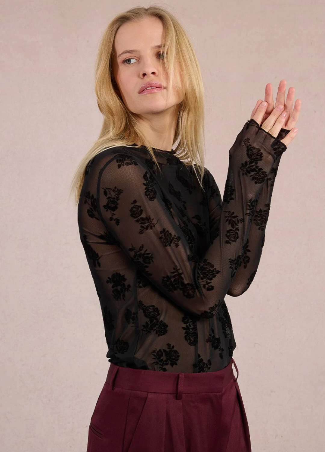 Long Sleeve Sheer Top with Flocked Roses