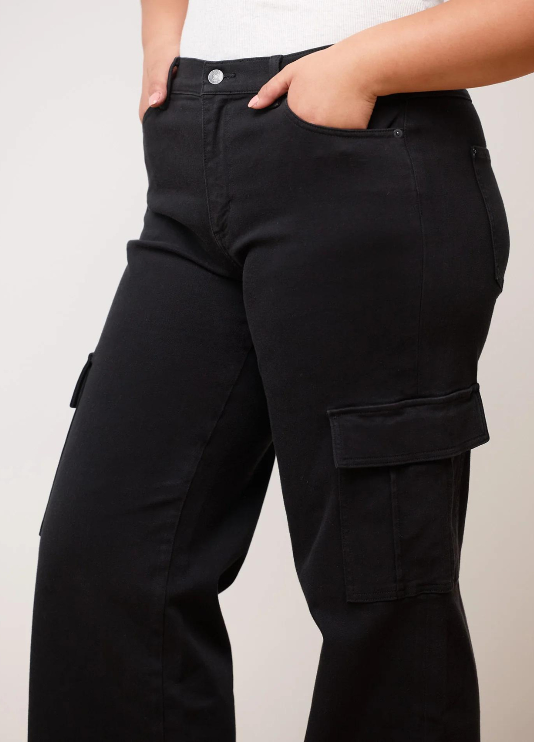 Classic Rise Wide Leg Denim in Black Cargo Pocket