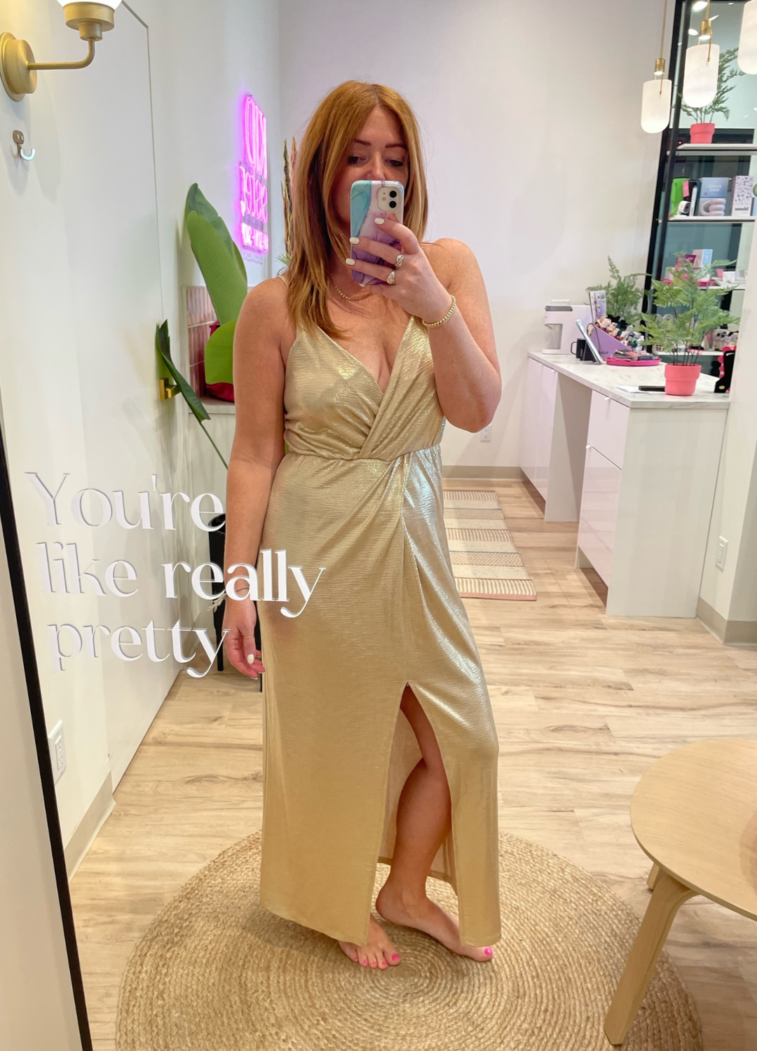Golden Maxi Dress with Front Slit