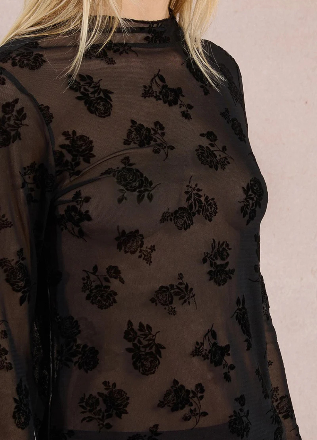 Long Sleeve Sheer Top with Flocked Roses