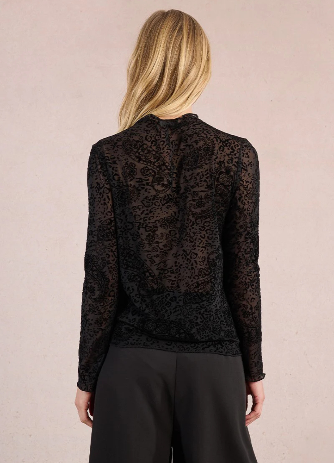 Long Sleeve Sheer Top with Flocked Paisley Pattern