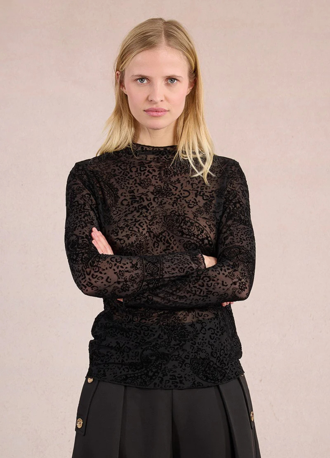 Long Sleeve Sheer Top with Flocked Paisley Pattern