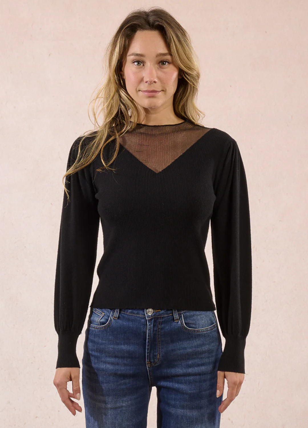 Puff Sleeve Sweater with Sheer V-Neck