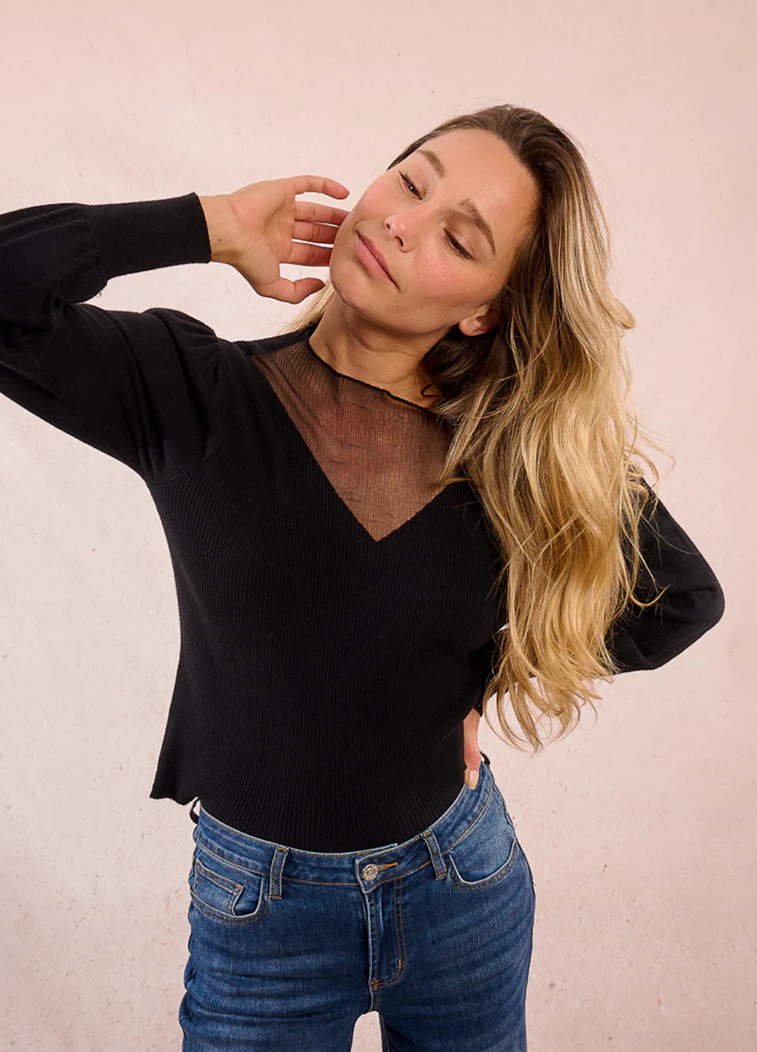 Puff Sleeve Sweater with Sheer V-Neck