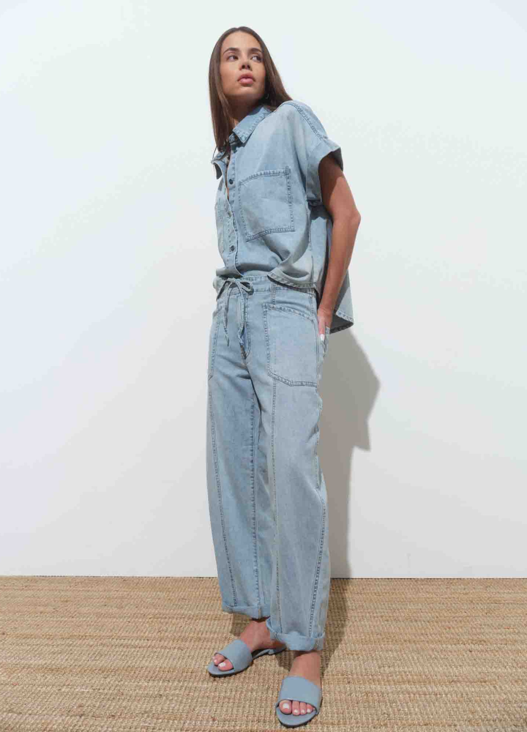 Villa Drawstring Barrel Leg Chambray Pants