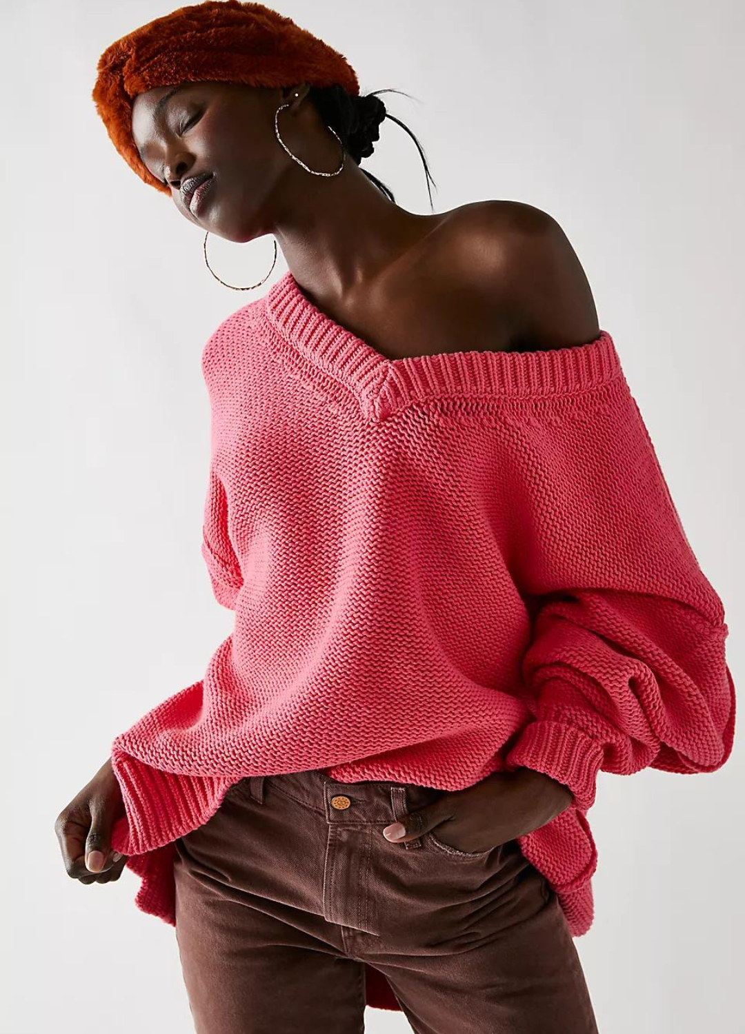 Pink Slouchy V Longline Ribbed Jumper