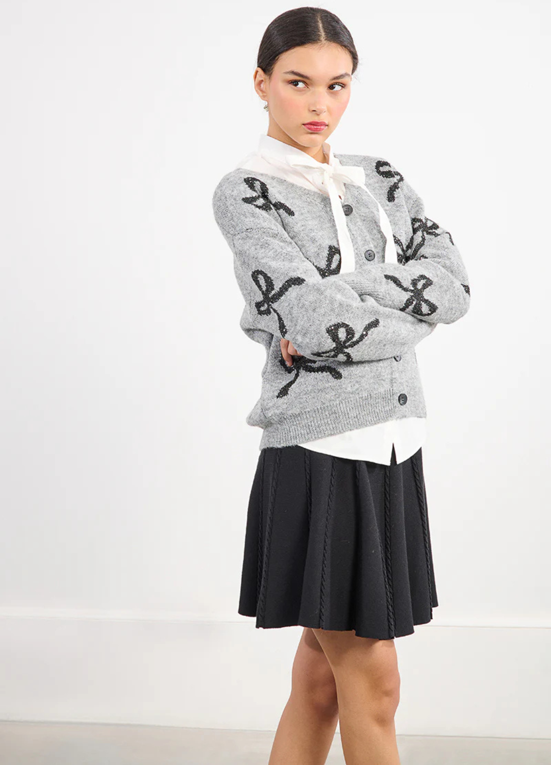 Bow Print Knit Cardigan