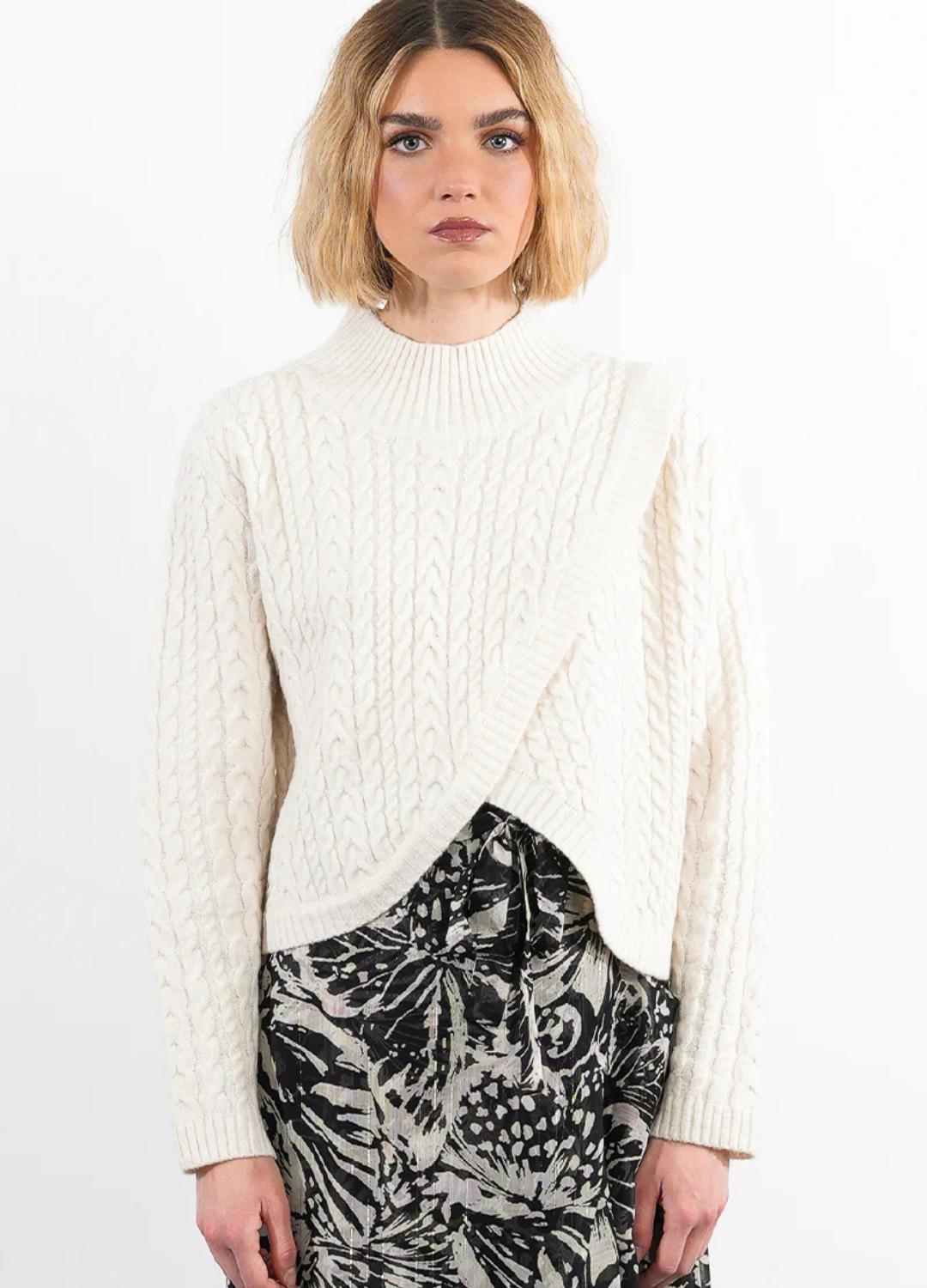 Cable-Knit Sweater with Criss-Cross Front