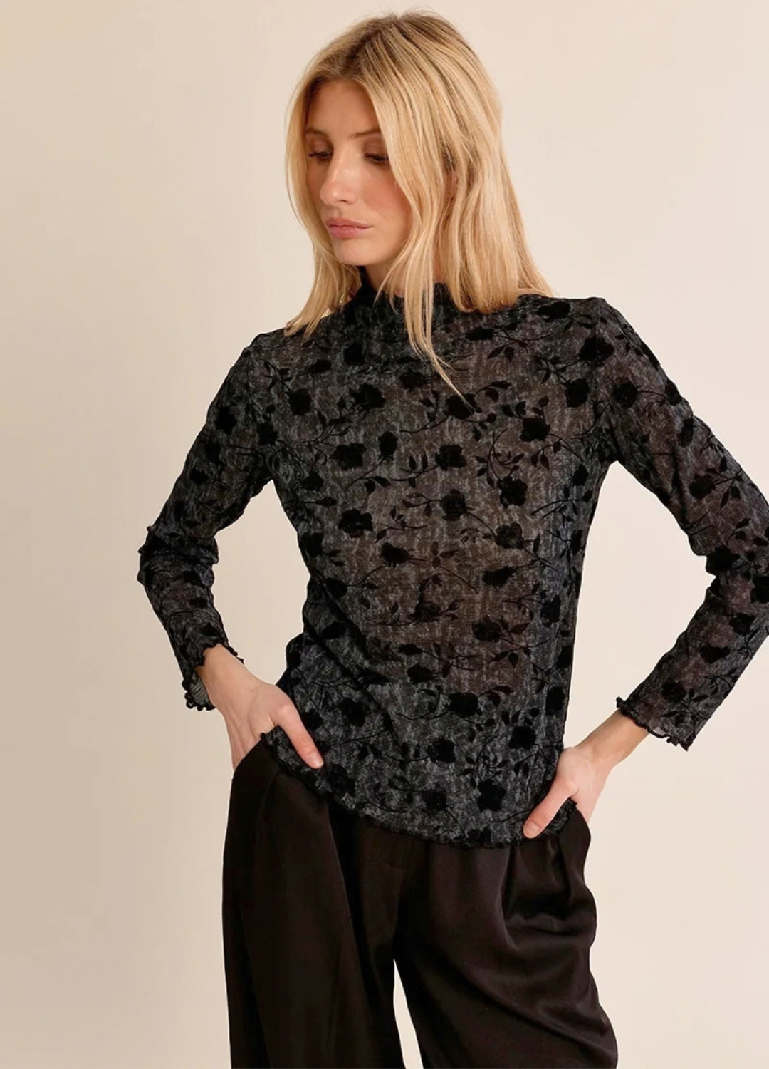 Jasmine Long Sleeve Flocked Top