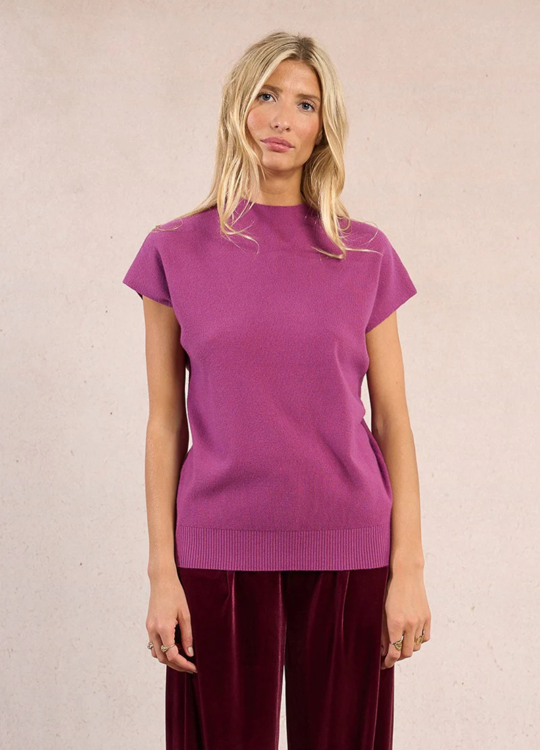 Fine Knit Short Sleeve Mock Neck Sweater