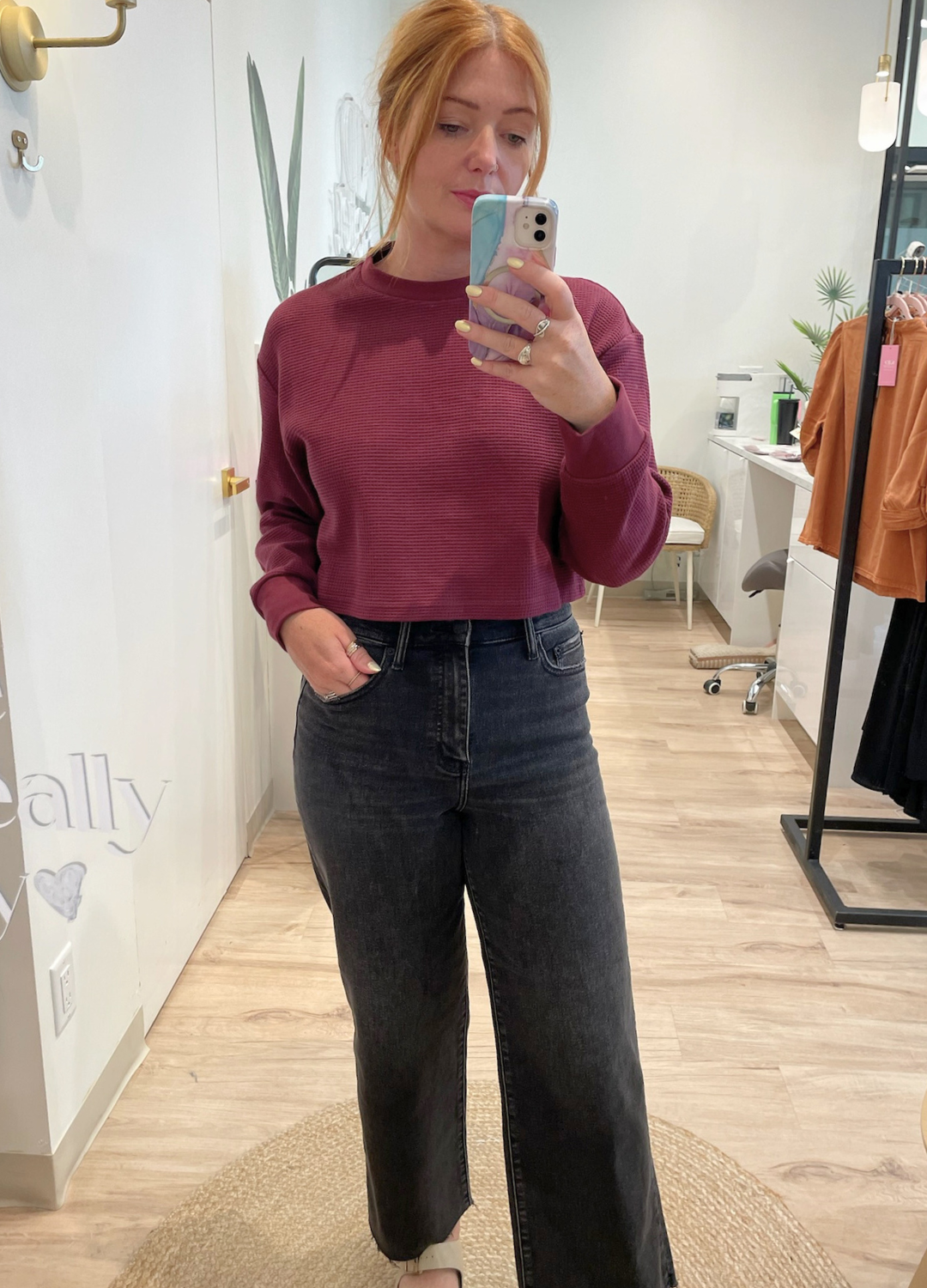 Waffle Knit Boxy Long Sleeve Top