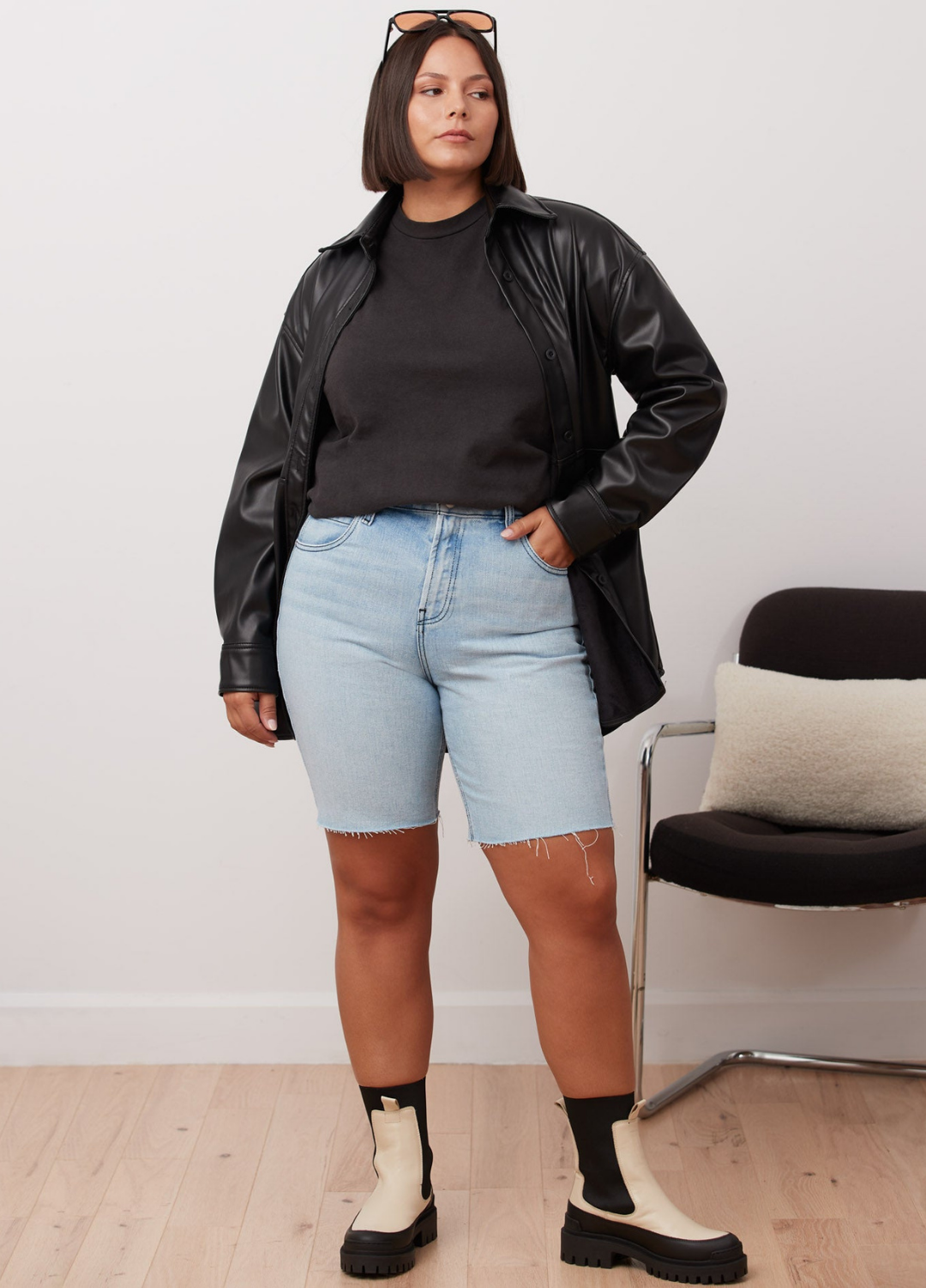 9" High Rise Straight Leg Denim Shorts in Light Blue