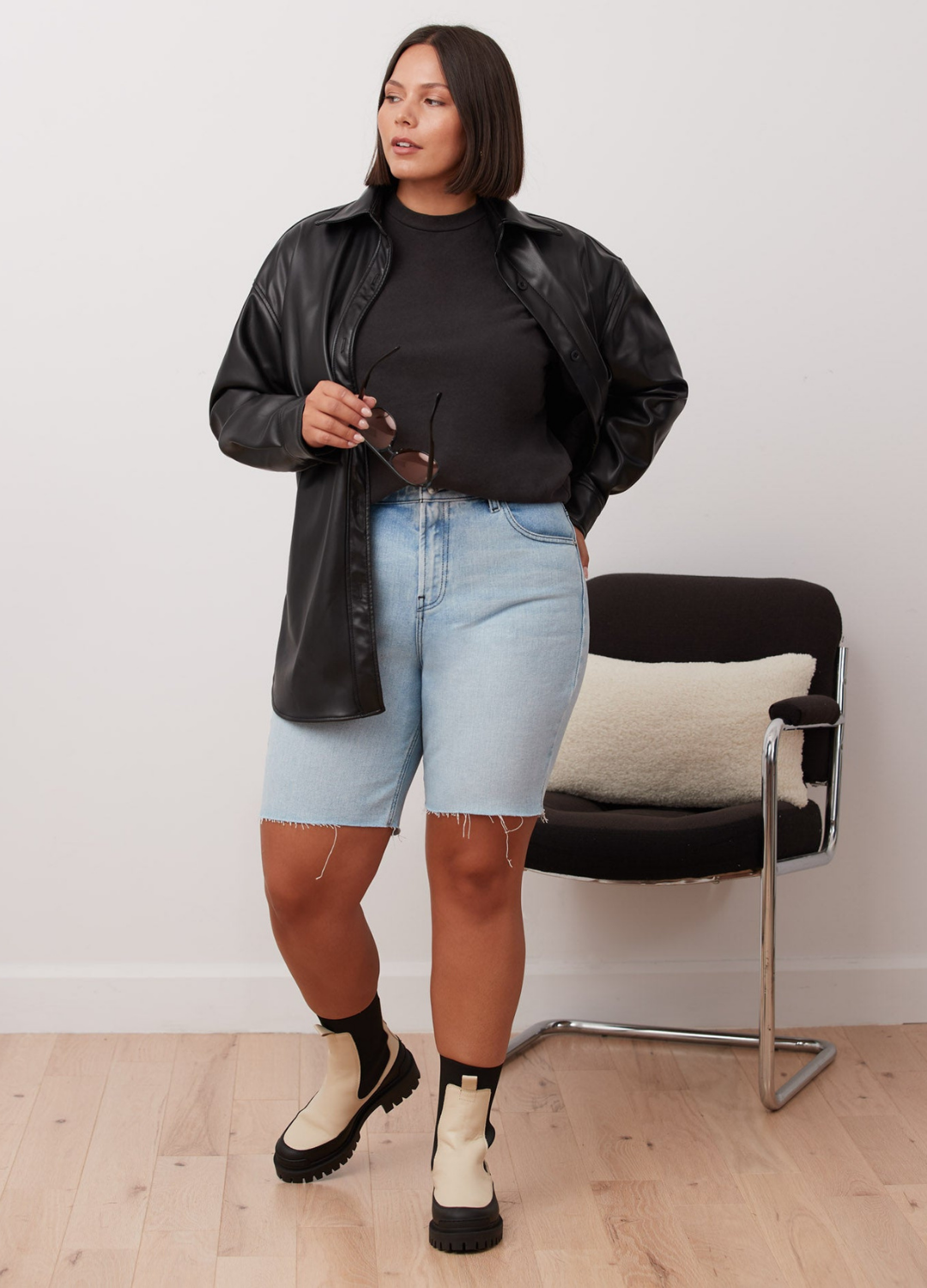 9" High Rise Straight Leg Denim Shorts in Light Blue