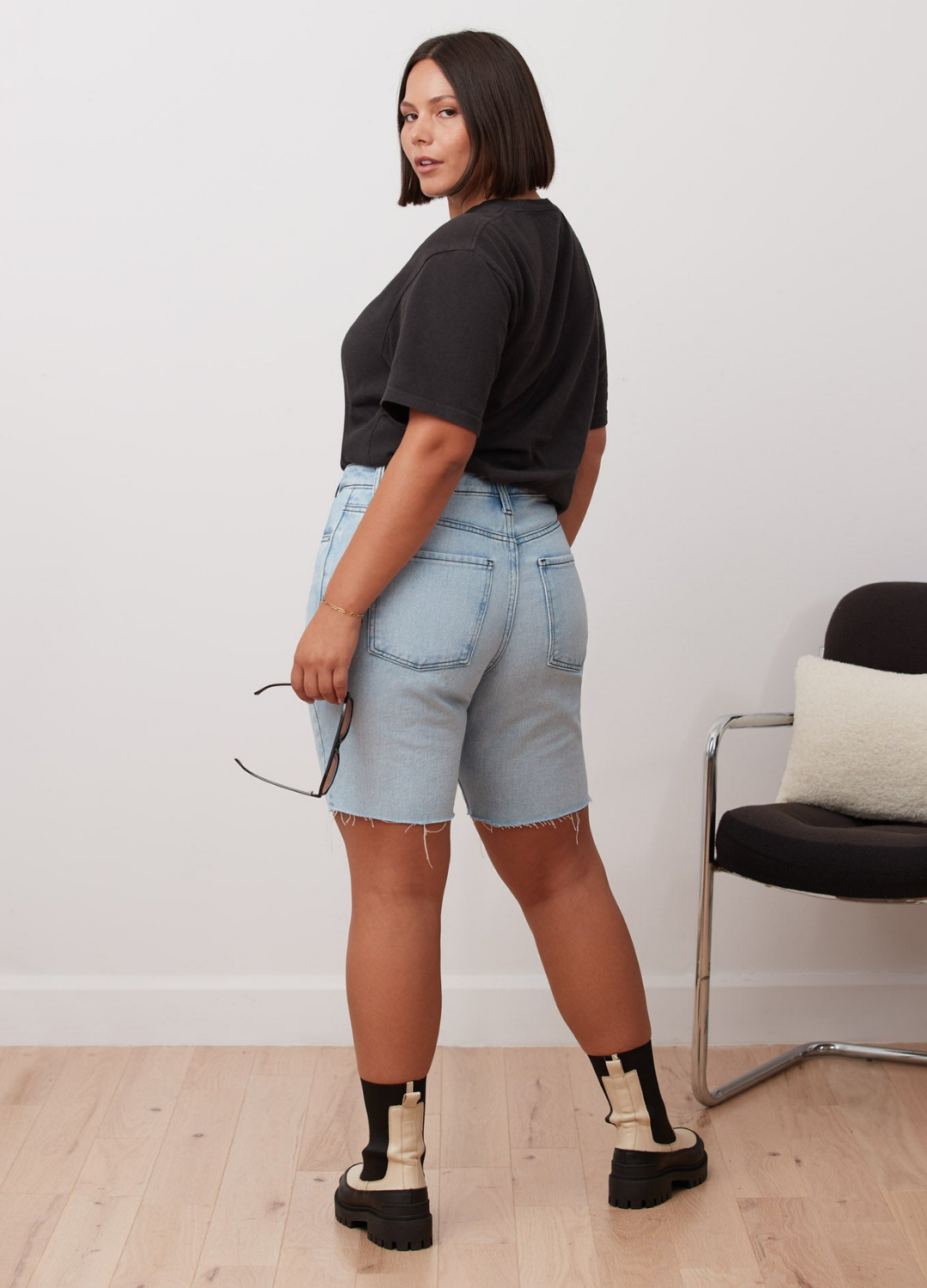 9" High Rise Straight Leg Denim Shorts in Light Blue