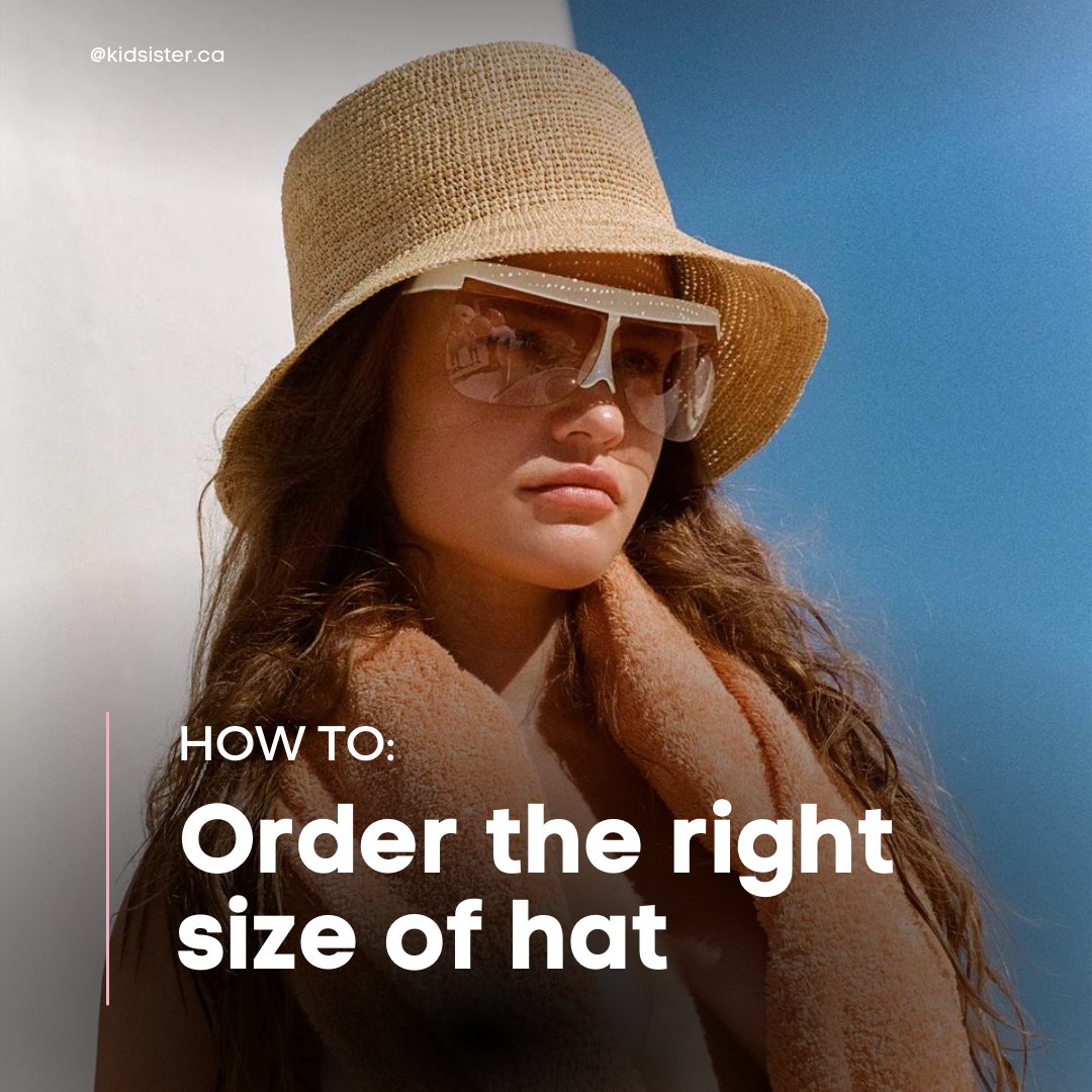 Image of woman wearing a hat. Links to directions for how to measure for a hat.
