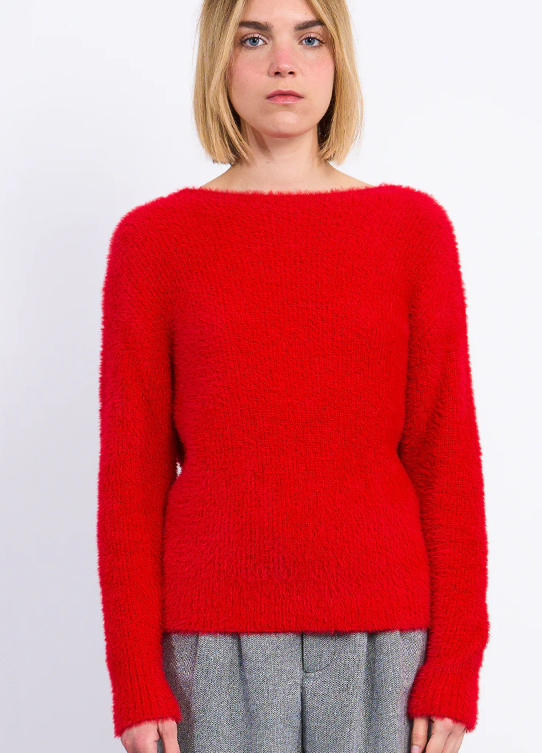 Fluffy Knit Sweater with Cross-Over Back