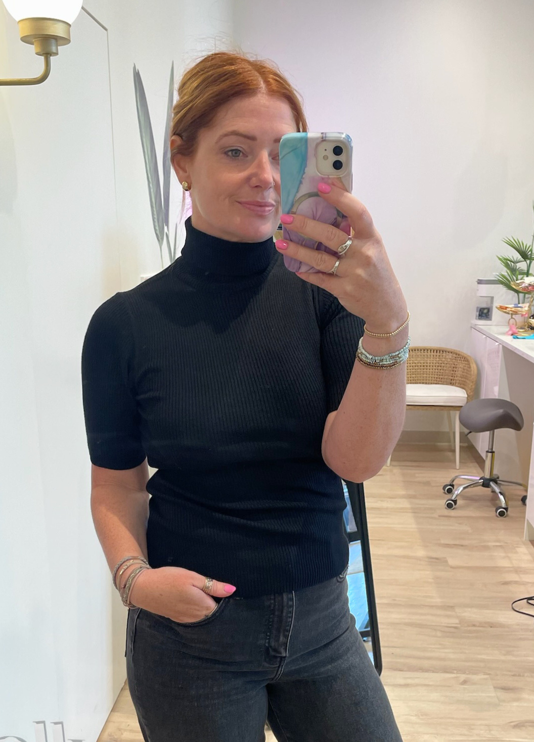 Ribbed Knit Half Sleeve Turtleneck Sweater