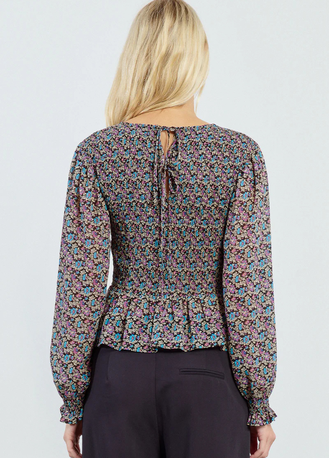 Floral Print Long Sleeve Smocked Blouse