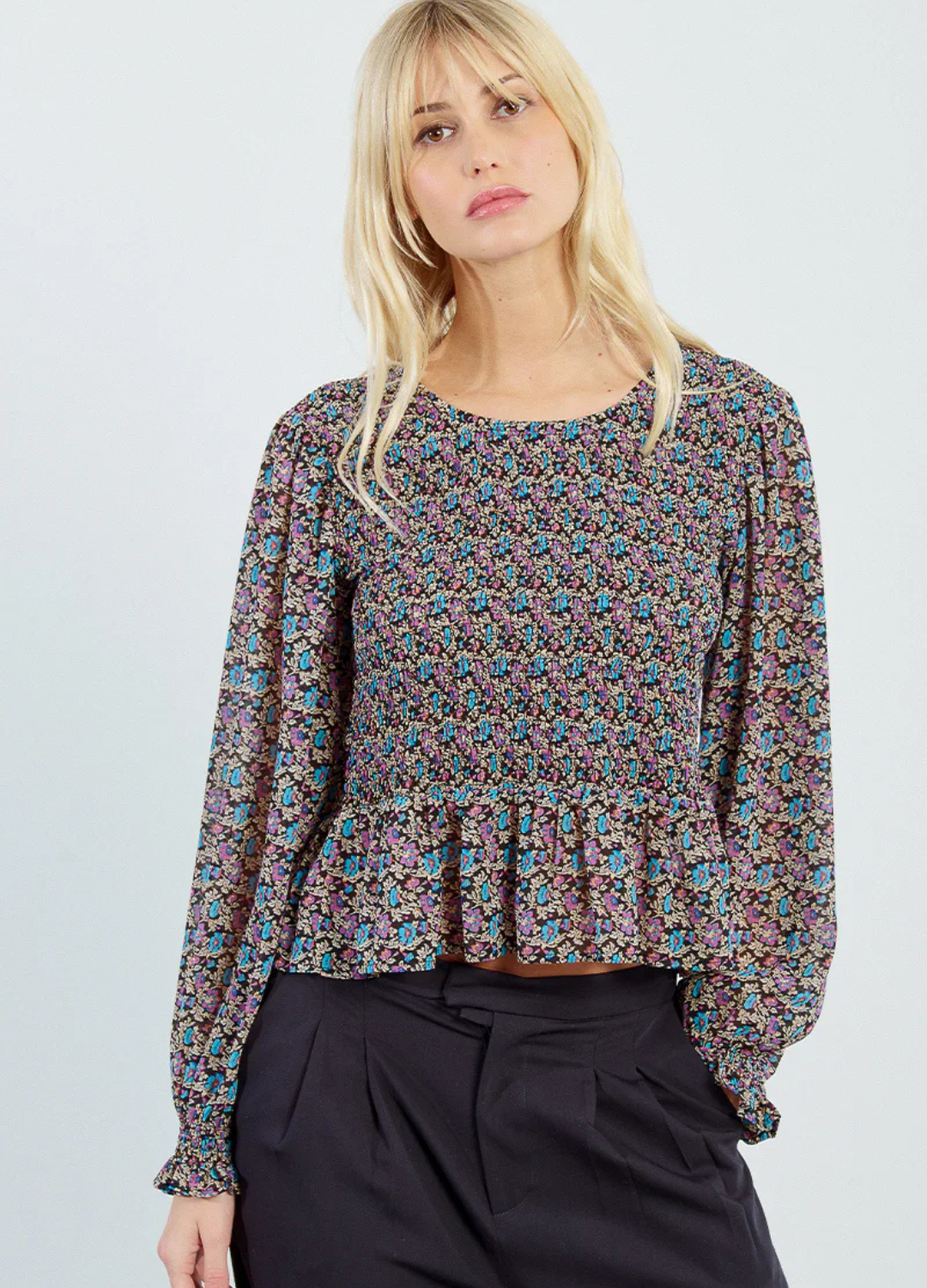 Floral Print Long Sleeve Smocked Blouse