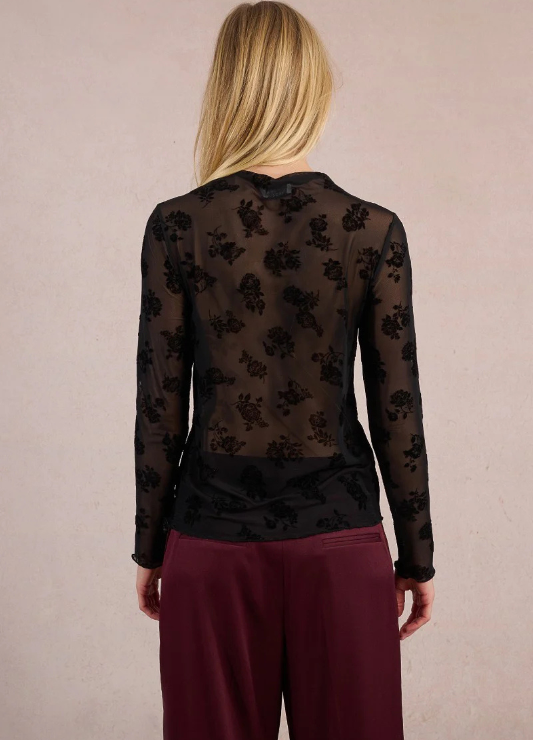 Long Sleeve Sheer Top with Flocked Roses
