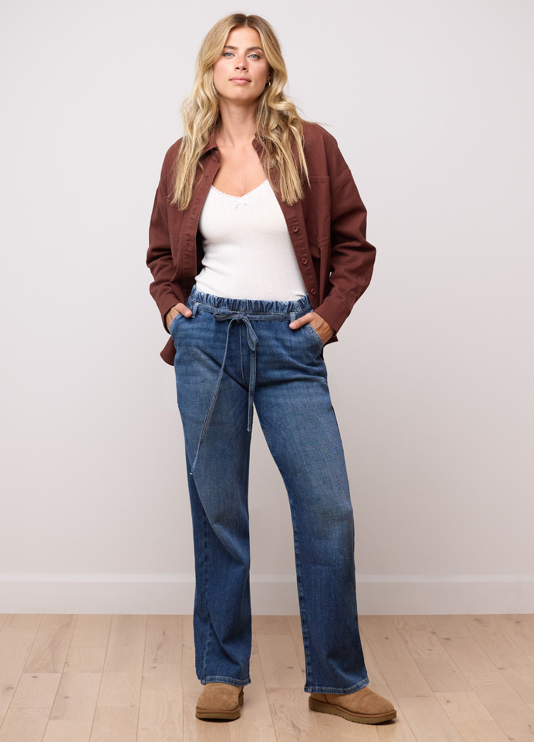High Rise Wide Leg Pull-On Soft Denim Pants in Sunday