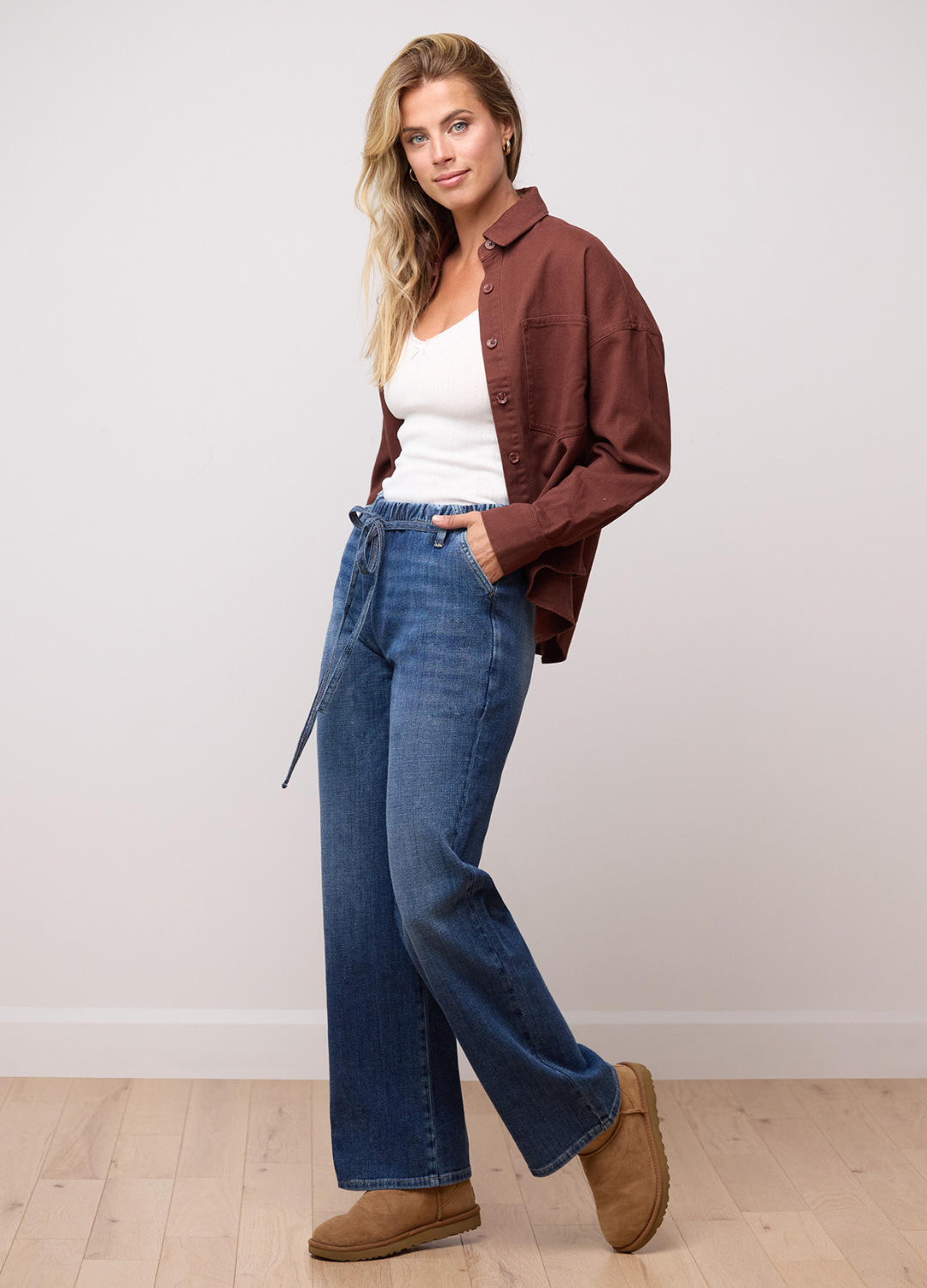 High Rise Wide Leg Pull-On Soft Denim Pants in Sunday