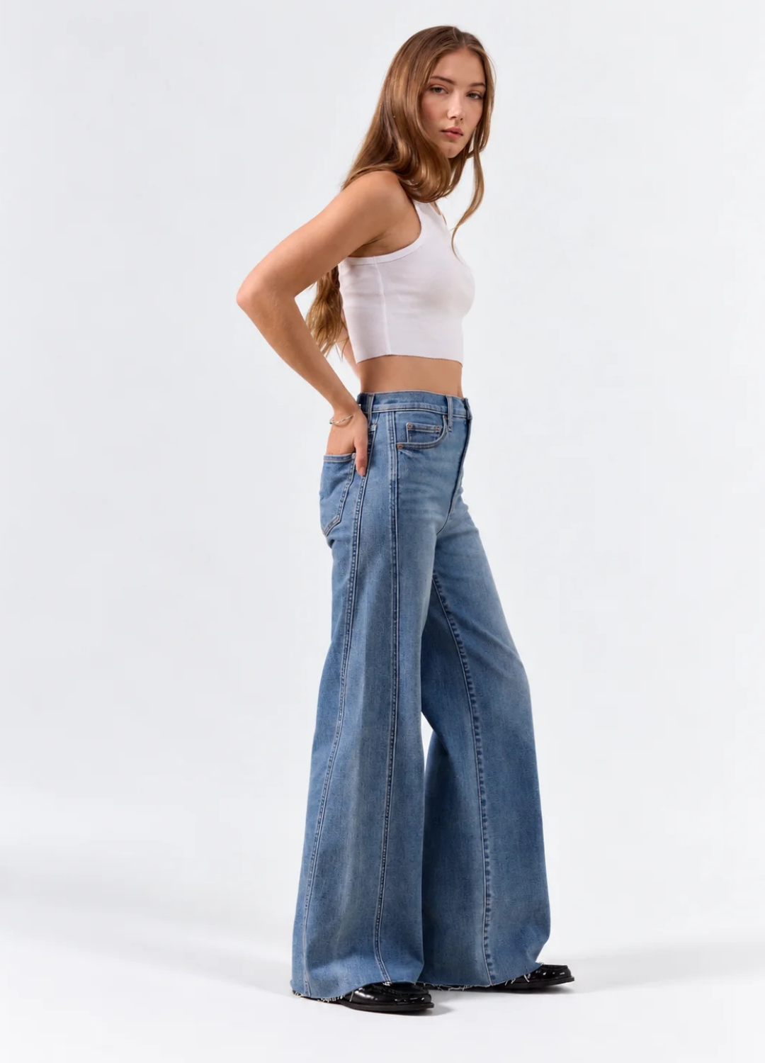 Far Out High Rise Wide with Statement Seaming in Make Believe