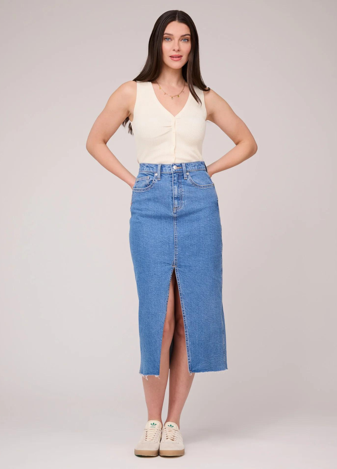 Midi Length High Waist Denim Skirt