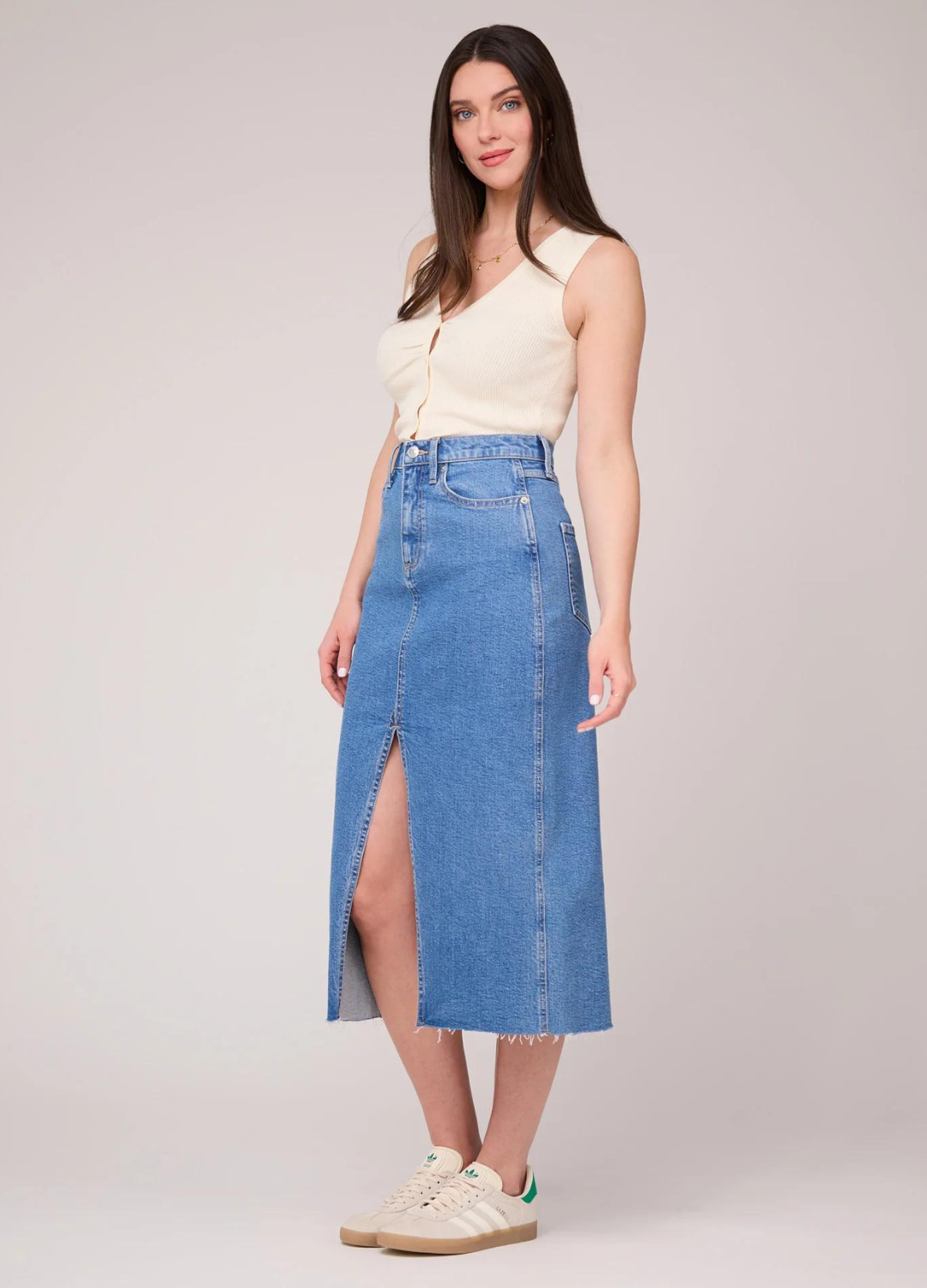 Midi Length High Waist Denim Skirt