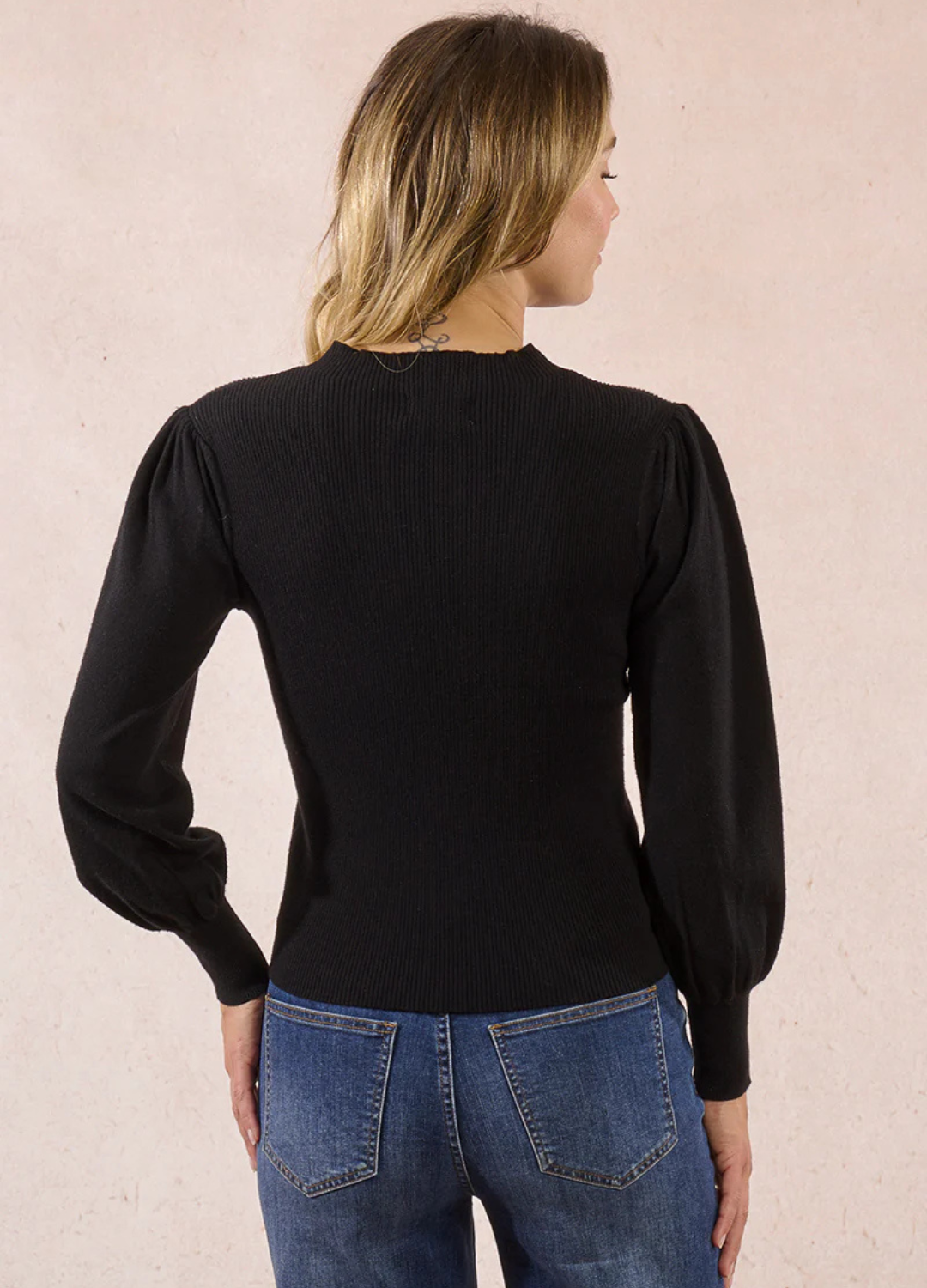 Puff Sleeve Sweater with Sheer V-Neck