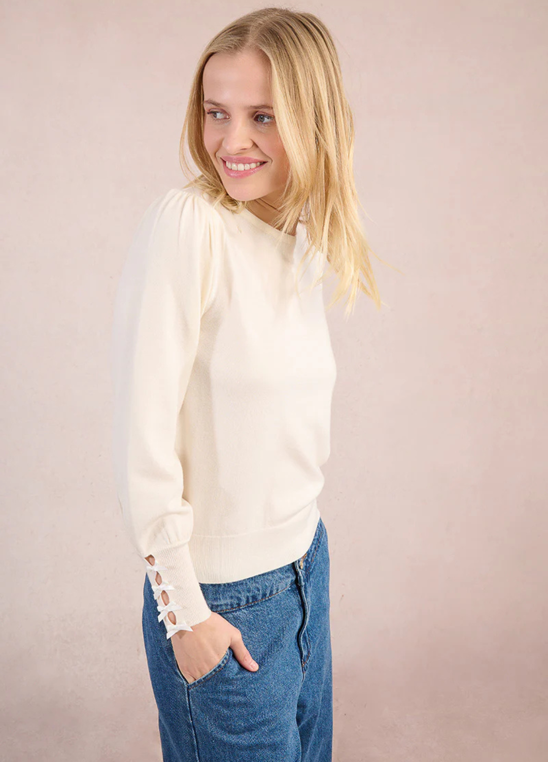 Fine Knit Sweater with Bow Details