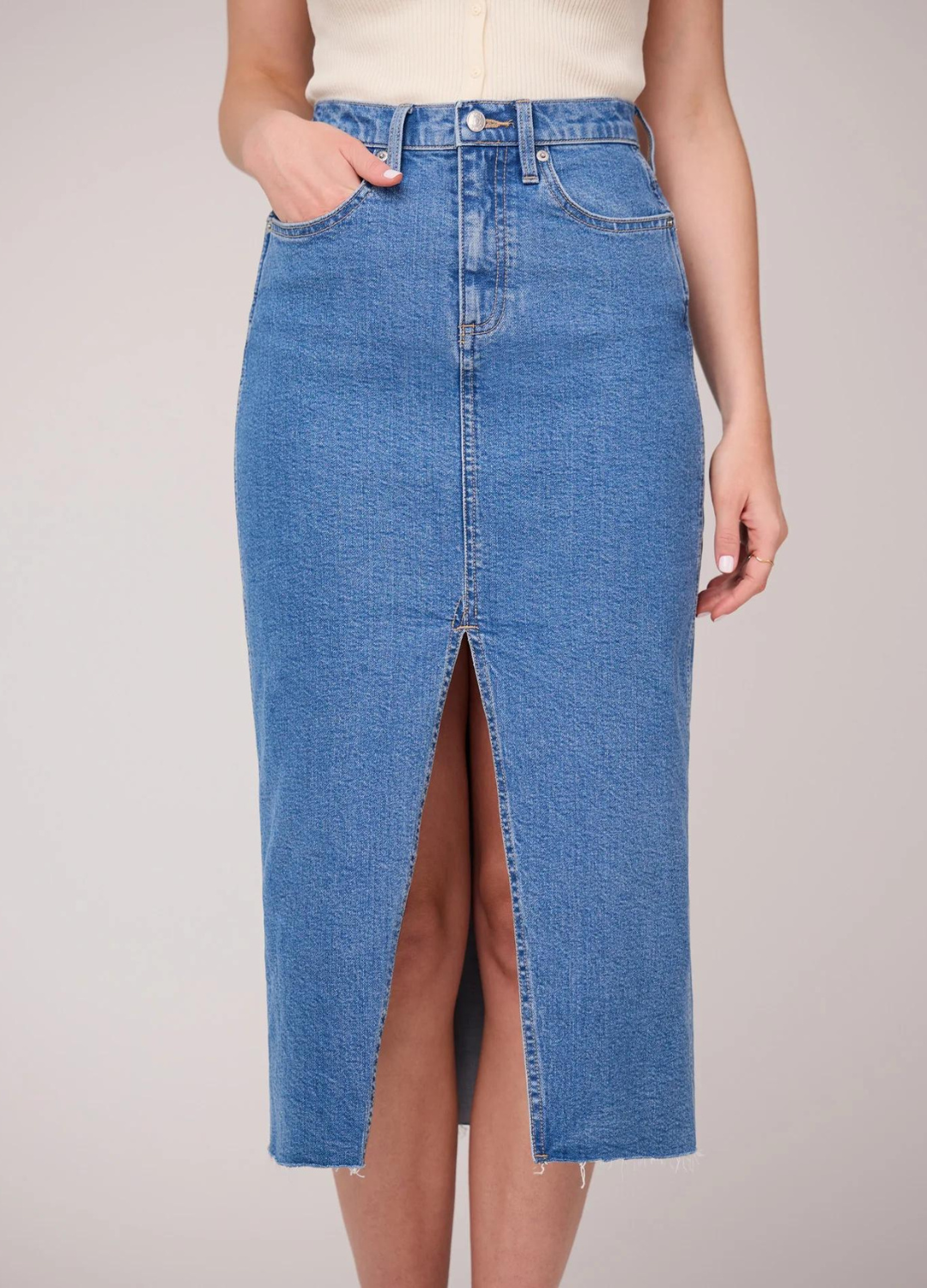 Midi Length High Waist Denim Skirt