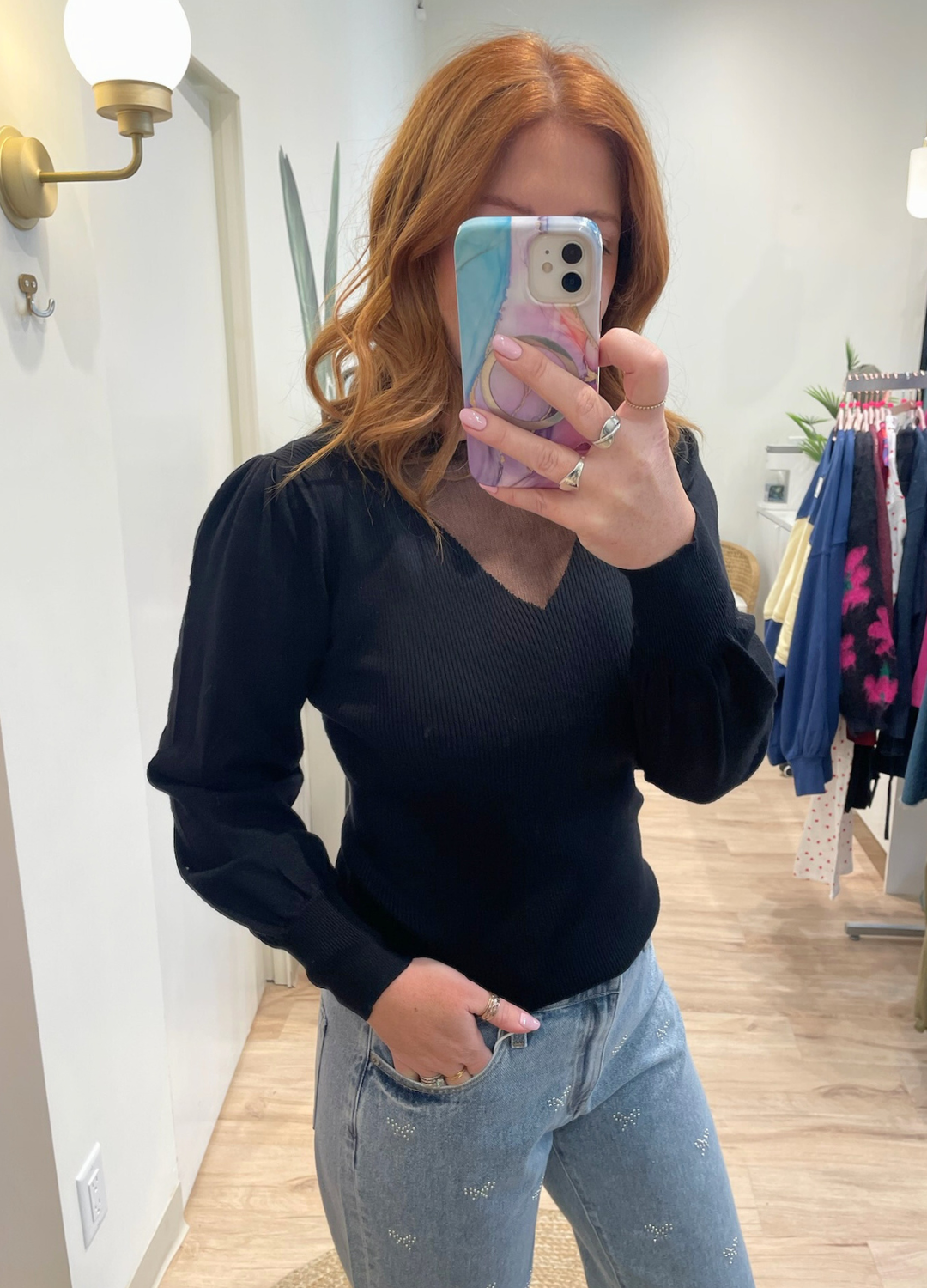 Puff Sleeve Sweater with Sheer V-Neck