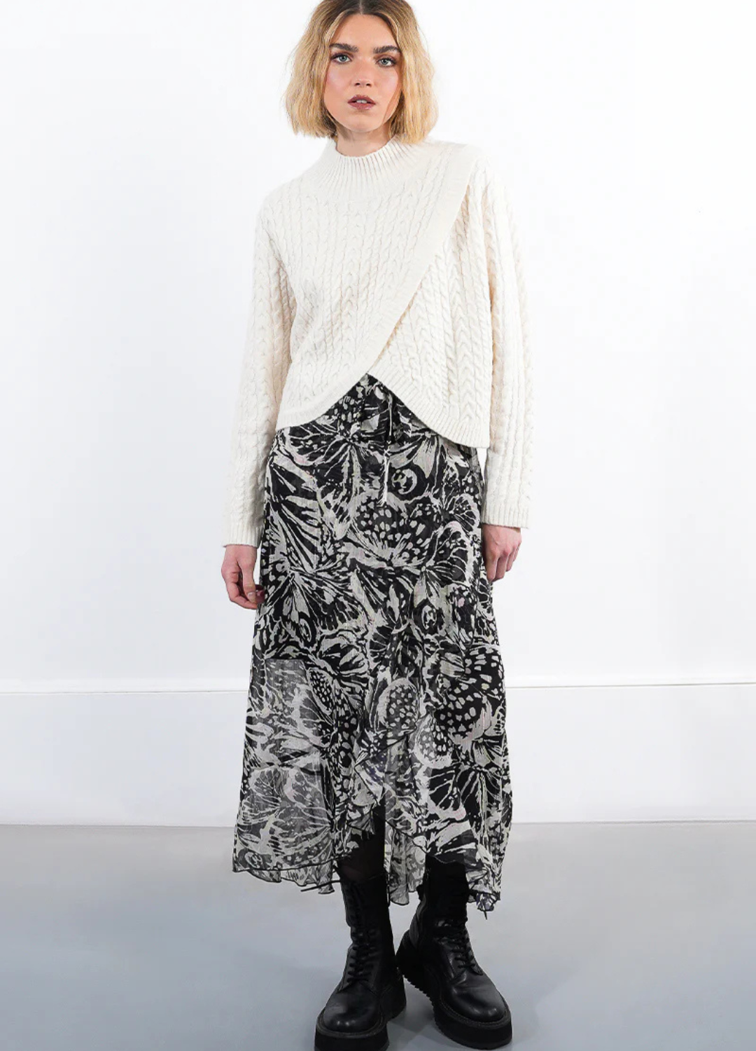 Cable-Knit Sweater with Criss-Cross Front