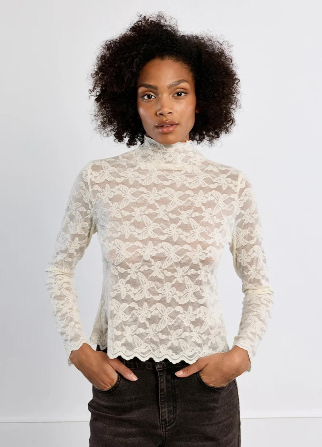 Nora Embroidered Mesh Long Sleeve Top